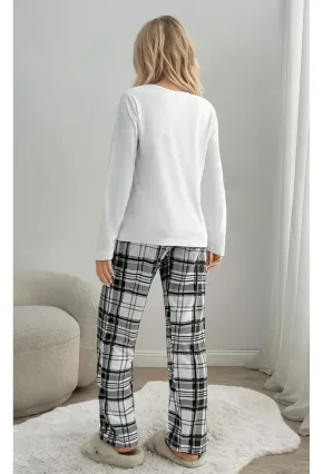 Ekose Desenli Kurdele Baskılı Pijama Takımı