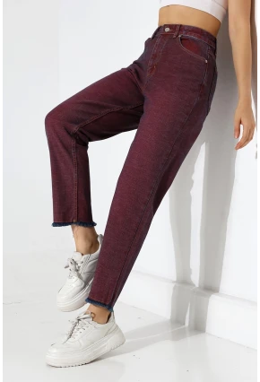 Eski Efektli Şık Bordo Mom Fit Jean