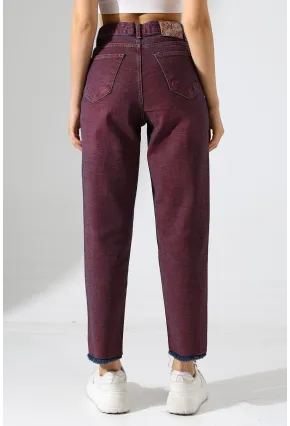 Eski Efektli Şık Bordo Mom Fit Jean