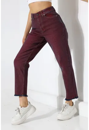 Eski Efektli Şık Bordo Mom Fit Jean