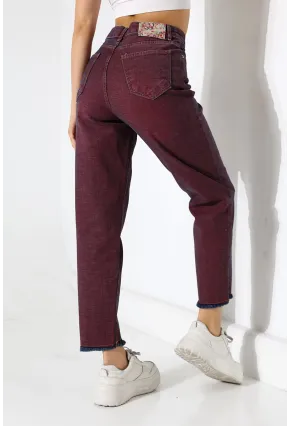 Eski Efektli Şık Bordo Mom Fit Jean