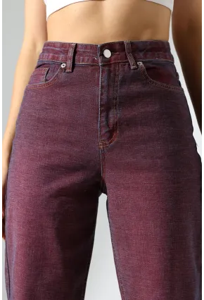 Eski Efektli Şık Bordo Mom Fit Jean
