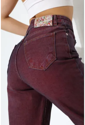 Eski Efektli Şık Bordo Mom Fit Jean