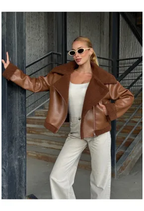 Fermuar Detaylı İçi Kürklü Suni Deri Mont Kahverengi