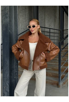 Fermuar Detaylı İçi Kürklü Suni Deri Mont Kahverengi