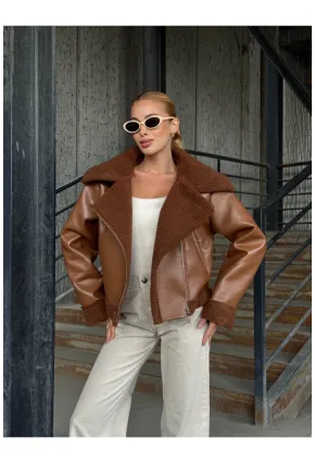 Fermuar Detaylı İçi Kürklü Suni Deri Mont Kahverengi