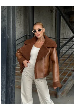 Fermuar Detaylı İçi Kürklü Suni Deri Mont Kahverengi