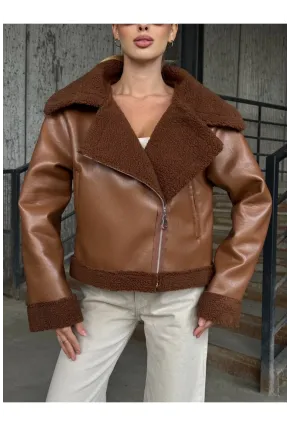 Fermuar Detaylı İçi Kürklü Suni Deri Mont Kahverengi