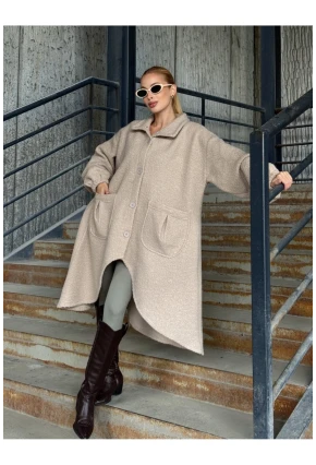 Geniş Çift Cepli Kalın Buklet Kumaş Mevsimlik Mont Bej