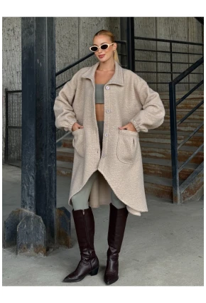 Geniş Çift Cepli Kalın Buklet Kumaş Mevsimlik Mont Bej