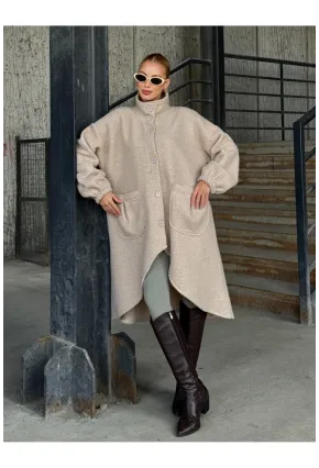 Geniş Çift Cepli Kalın Buklet Kumaş Mevsimlik Mont Bej