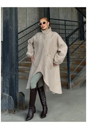 Geniş Çift Cepli Kalın Buklet Kumaş Mevsimlik Mont Bej