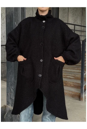 Geniş Çift Cepli Kalın Buklet Kumaş Mevsimlik Mont Siyah