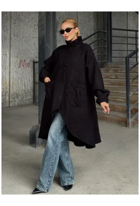 Geniş Çift Cepli Kalın Buklet Kumaş Mevsimlik Mont Siyah