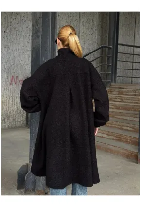 Geniş Çift Cepli Kalın Buklet Kumaş Mevsimlik Mont Siyah