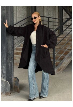 Geniş Çift Cepli Kalın Buklet Kumaş Mevsimlik Mont Siyah