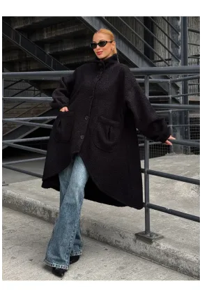 Geniş Çift Cepli Kalın Buklet Kumaş Mevsimlik Mont Siyah