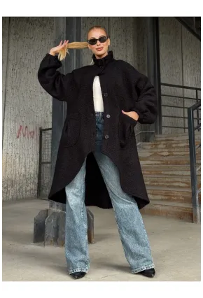 Geniş Çift Cepli Kalın Buklet Kumaş Mevsimlik Mont Siyah