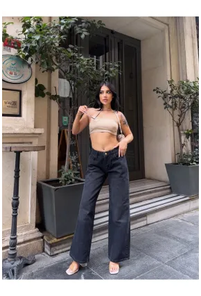 Geniş Paça Yüksek Bel Siyah Jean