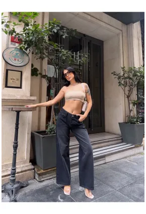 Geniş Paça Yüksek Bel Siyah Jean