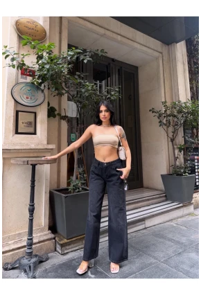 Geniş Paça Yüksek Bel Siyah Jean