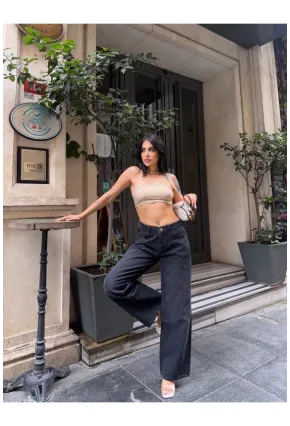 Geniş Paça Yüksek Bel Siyah Jean