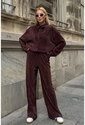 Gömlek ve Palazzo Pantolon Dokuma Alt Üst Takım Kahverengi