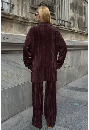 Gömlek ve Palazzo Pantolon Dokuma Alt Üst Takım Kahverengi