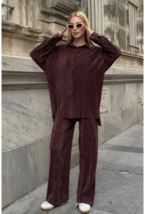 Gömlek ve Palazzo Pantolon Dokuma Alt Üst Takım Kahverengi