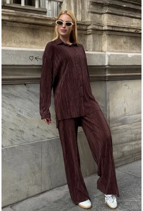 Gömlek ve Palazzo Pantolon Dokuma Alt Üst Takım Kahverengi