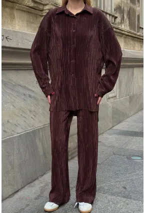 Gömlek ve Palazzo Pantolon Dokuma Alt Üst Takım Kahverengi