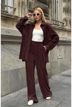 Gömlek ve Palazzo Pantolon Dokuma Alt Üst Takım Kahverengi