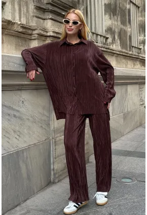 Gömlek ve Palazzo Pantolon Dokuma Alt Üst Takım Kahverengi