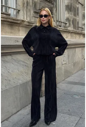 Gömlek ve Palazzo Pantolon Dokuma Alt Üst Takım Siyah