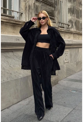 Gömlek ve Palazzo Pantolon Dokuma Alt Üst Takım Siyah