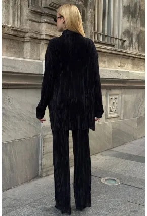 Gömlek ve Palazzo Pantolon Dokuma Alt Üst Takım Siyah