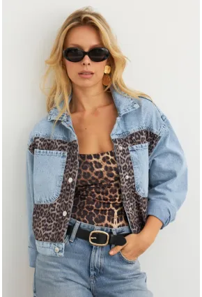 Kadın Açık-Mavi Bloklu Leopar Denim Ceket KAM300