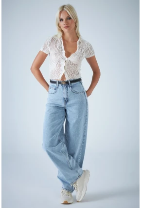 Kadın Açık Mavi Yüksek Bel Baggy Jean TSS388