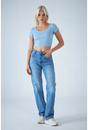 Kadın Açık Mavi Yüksel Bel Düz Kesim Jean TSS488