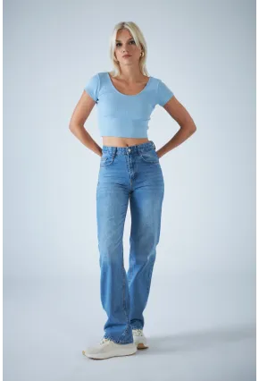 Kadın Açık Mavi Yüksel Bel Düz Kesim Jean TSS488