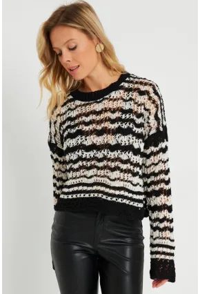 Kadın Ajurlu Triko Bluz Beyaz-Siyah YZ619