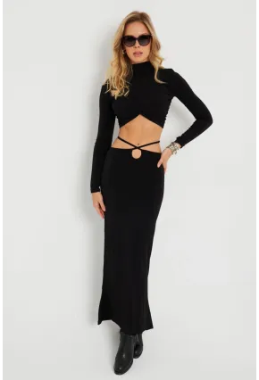 Kadın Alt Üst Büzgülü Crop Takım Siyah YEL86