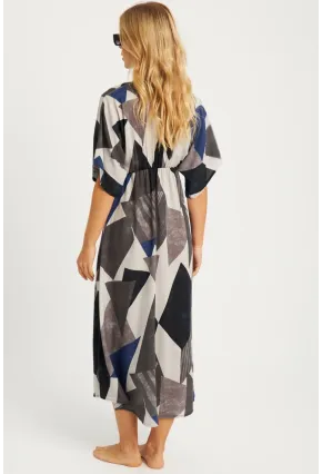 Kadın Antrasit Desenli Kruvaze Midi Elbise HT108