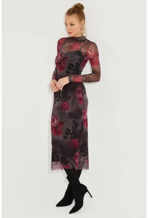 Kadın Antrasit Desenli Midi Tül Elbise YEL221355