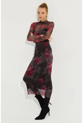 Kadın Antrasit Desenli Midi Tül Elbise YEL221355