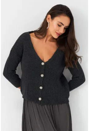 Kadın Antrasit Düğme Detaylı Hırka KAZ30