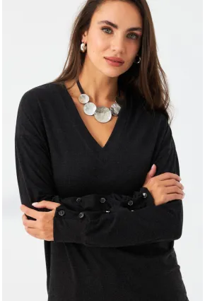 Kadın Antrasit Düğme Detaylı V Yaka Bluz MEY2982