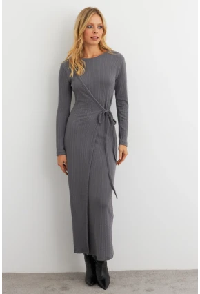 Kadın Antrasit Kruvaze Maxi Elbise COL31