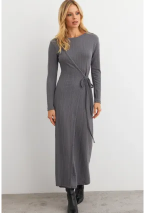 Kadın Antrasit Kruvaze Maxi Elbise COL31