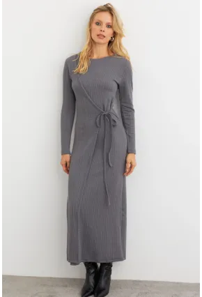 Kadın Antrasit Kruvaze Maxi Elbise COL31